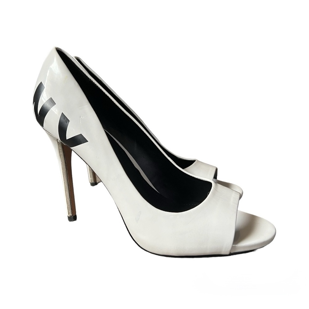 DKNY White Black Silver Peep Toe Heels Size 8.5